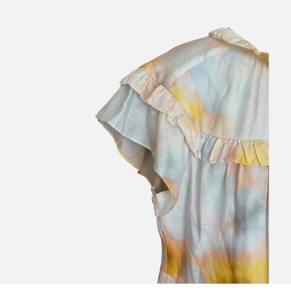 Marie Oliver Silk Blend Watercolor Flutter Sleeve Tiered Dress Women's size L - Picture 5 of 9